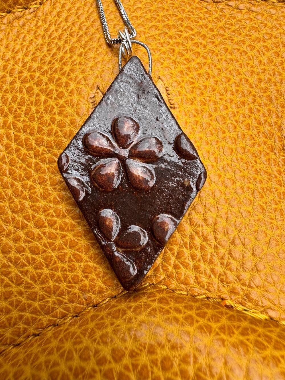 Diamond Shaped Daisy Neutral Pendant Necklace Handcrafted Boho Pendant Necklace